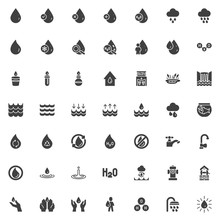 Water Vector Icons Set, Modern Solid Symbol Collection, Filled Style Pictogram Pack. Signs, Logo Illustration. Set Includes Icons As Water Cycle, Fire Hydrant, H2O Formula, Laboratory Glass, Raindrops