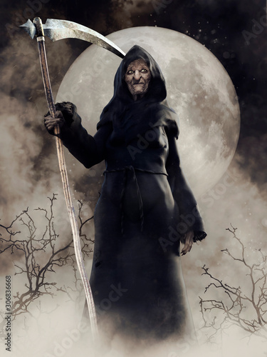 Fotomural Fantasy scene with an old witch holding a scythe and standing in the fog against the full moon