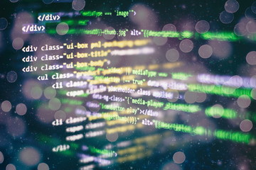 Abstract computer script about big data and blockchain database. Software developer programming code. Mining Cryptocurrency process program on display PC. Using Software.