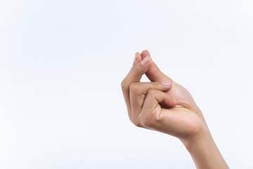 Wall Mural - Closeup of isolated on green adult female hand counting from 0 to 5. Woman shows fist fist, then one, two, three, four, five fingers. Manicured nails painted with beautiful pink polish. Math concept.