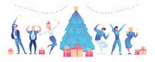 Happy Business People At A Christmas And New Year's Corporate Party. Positive Men And Women With Champagne Dancing And Having Fun. Set Of Modern Vector Characters.