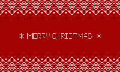 Wall Mural - Merry Christmas greeting card. Knitted sweater background. Vector banner.