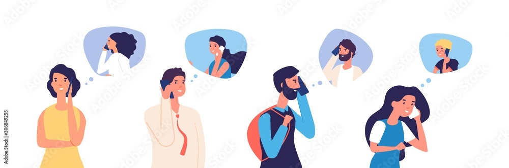 People talking phone. Men, women, teenagers calling by telephone. Flat communication and conversation with smartphone vector characters. Phone conversation and communication illustration - obrazy, fototapety, plakaty 