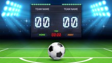 Football Stadium Background. Realistic Soccer Ball In Green Field. Stadium Electronic Sport Scoreboard Soccer Time And Football Match Result Display Vector Illustration. Stadium Soccer, Match Football