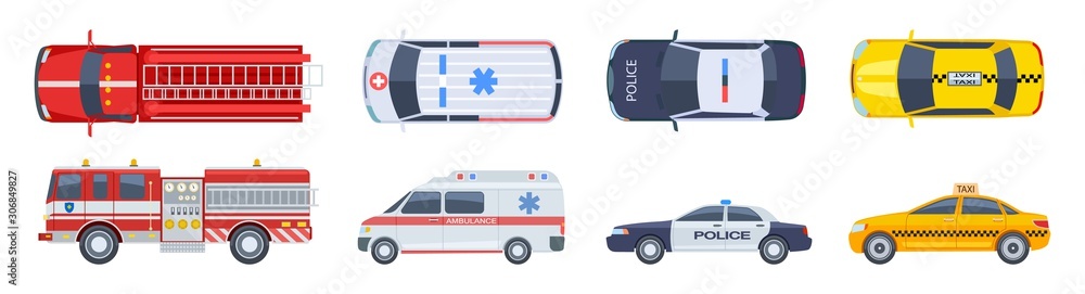 Vehicle set. Transport top view. Police car ambulance fire engine taxi vector flat isolated. Urban special transport icons. Illustration automobile top, taxi and police, auto and ambulance - obrazy, fototapety, plakaty 