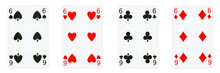 Four Playing Cards Isolated On White Background, Showing Six From Each Suit - Hearts, Clubs, Spades And Diamonds - High Resolution