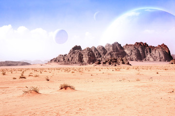 Canvas Print - Landscape with sand desert, rock and planets in sky