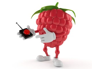 Canvas Print - Raspberry character pushing button on white background