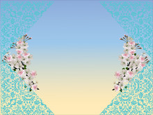 Blue Frame Decorated By Cherry Tree Pink Flowers