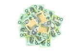 Fototapeta  - Group of 100 dollar Australian notes pile on white background