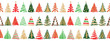 Hand drawn doodle christmas tree seamless border pattern. Red green color holiday style. New year vector symbol set. Simple artistic line stroke. Silhouette decor icons isolated on white background