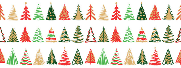 hand drawn doodle christmas tree seamless border pattern. red green color holiday style. new year ve