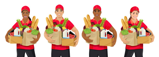 Wall Mural - Set of young African American and European delivery wen and women. Smiling female and male couriers wearing red t-shirt and cap holding paper bag with products. Food delivery service concept. Vector 