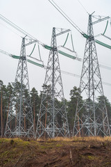 Wall Mural - Several high voltage line towers on a clearing in the forest. Autumn, early morning.