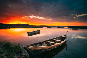 Sticker - Braslaw Or Braslau, Vitebsk Voblast, Belarus. Wooden Rowing Fishing Boats In Beautiful Summer Sunset On The Dryvyaty Lake. This Is The Largest Lake Of Braslav Lakes. Typical Nature Of Belarus