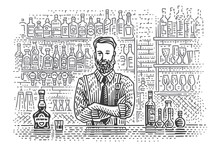 Bartender At Bar Counter With Different Bottles Of Drink On Background Line Drawing. Vector. 2 Layers. 