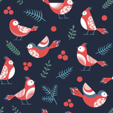 Christmas Seamless Pattern With Birds, Fir Branch And Red Berries