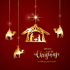 Christian Christmas Golden Elements on Red Background