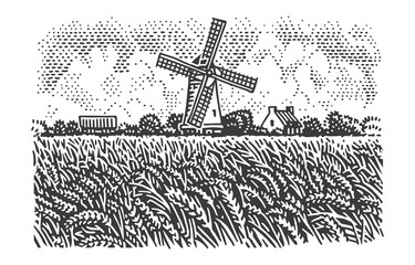 Windmill near wheat field in countryside engraving/line illustration. Vector. 