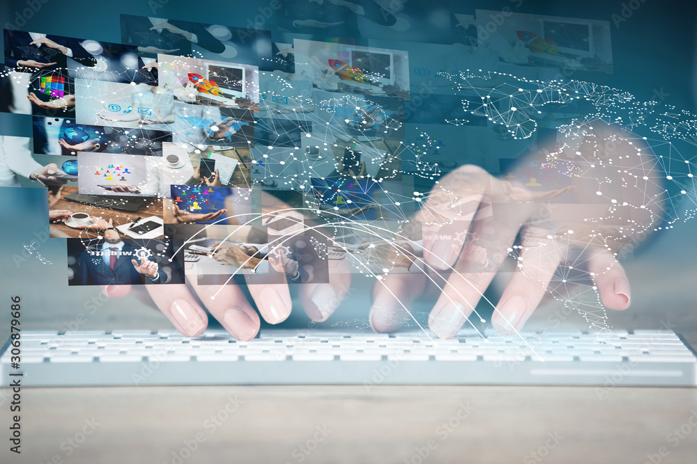 Switching Image woman switching pictures on computer screen Stock Photo | Adobe Stock