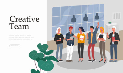 Wall Mural - Business Landing page template with Office workers communicating or talking to client or conversations between teamwork or meeting, brainstorming. Vector cartoon concept illustration