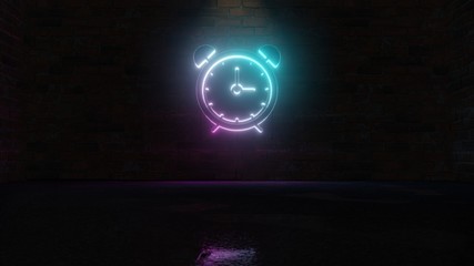 Wall Mural - 3D rendering of blue violet neon symbol of alarm clock icon on brick wall