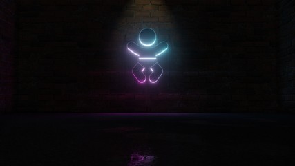 Wall Mural - 3D rendering of blue violet neon symbol of baby icon on brick wall