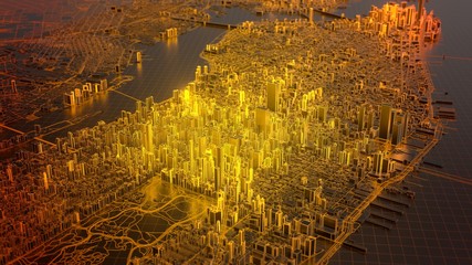 digital new york city with hot glowing edges, 3d illustration