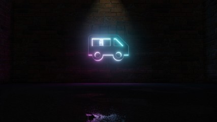 3D rendering of blue violet neon symbol of side view  of a bus icon on brick wall