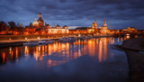 Fototapeta Na sufit - Awesome colorful scene during sunset  at the Old Town in Dresden, Saxony, Germany. Famouse Sights: Frauenkirche, Hofkirche, Semperoper with reflected in calm water  Elbe river. picturesque scenery.