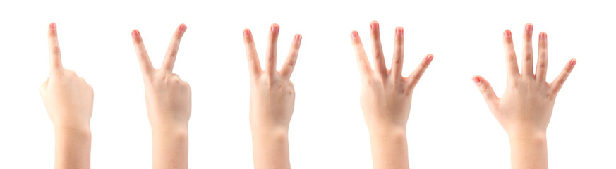 Set of child hands showing figures, count one, two, three, four, five. Isolated at white background