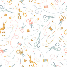 Vector Seamless Sewing Pattern In Pastel Colors On A White Background. Vintage Seamstress Tools. Scissors, Threads, Needles, Pins, Thimble. Ideal For Printing Onto Fabric, Textile, Packaging.