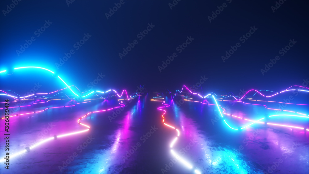 Flying over a colorful bright neon glowing graphic equalizer. World of music. Ultraviolet signal spectrum, laser show, energy, sound vibrations and waves. - obrazy, fototapety, plakaty 