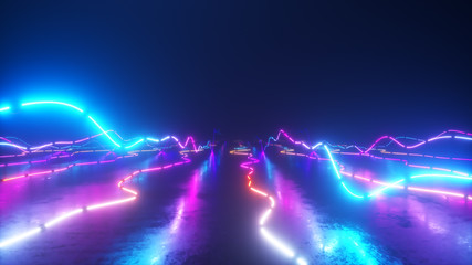 flying over a colorful bright neon glowing graphic equalizer. world of music. ultraviolet signal spe