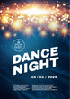 Dance night. Music fest poster template with shining fireworks. Show, exhibition, competition, birthday party flyer design.