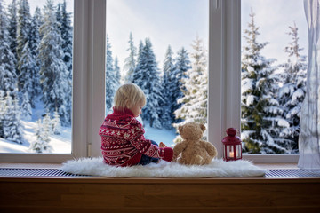 Wall Mural - Sweet blonde child, boy, sitting on window shield with teddy bear friend toy, looking at the view