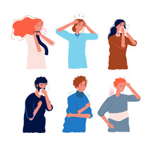 Flu Symptoms People. Characters Of Illness Fever Ache In The Body Sore Throat Pressing Head Dizziness Chills Flu Prevention Vector Flat. Illustration Sick And Fever, Ill And Disease Symptoms