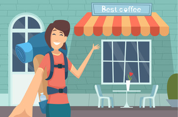 Sticker - Travel blogger. Girl making digital content caffe review online displaying modern buildings teaching vector entertainment concept. Blogger about travel, blog video for social media illustration