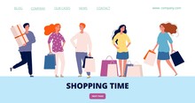 Shopping Time Landing. Happy Customers With Shopping Bags And Gift Boxes. Flat Vector Male Female Characters. Illustration Box And Bag Shopping, Packaging And Shopper