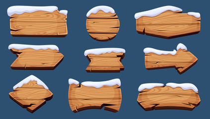 Wall Mural - winter sign boards. wooden season banners with snow cap vector christmas decoration. billboard and s