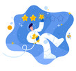 Flat vector illustration of Concept of Five stars rating. Astronaut is holding stars in Space. Feedback consumer or customer review evaluation, satisfaction characters.