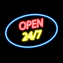 Wall Mural - Open 24/7 neon sign on a black background. Vector illustration .