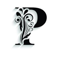 Letter P Black Flower Alphabet.  Beautiful Capital Letters With Shadow