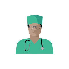 Vector medical doctor icon. Image of a male doctor, nurse or orderly with a stethoscope in a green uniform, glasses and headdress. Illustration of medical doctor avatar in flat style