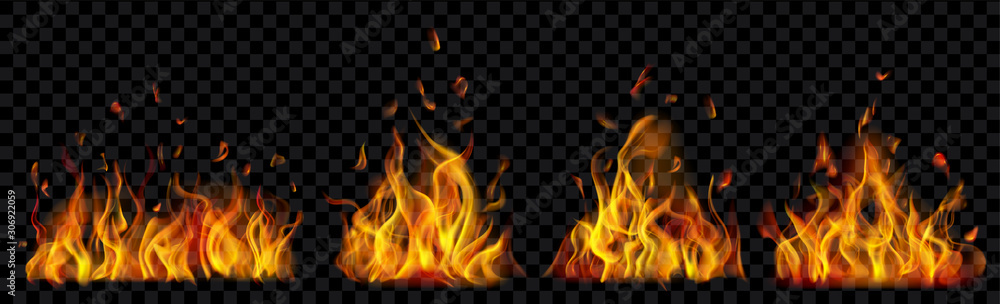 Set of translucent burning campfires of flames and sparks on transparent background. For used on dark illustrations. Transparency only in vector format - obrazy, fototapety, plakaty 