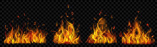 Set Of Translucent Burning Campfires Of Flames And Sparks On Transparent Background. For Used On Dark Illustrations. Transparency Only In Vector Format