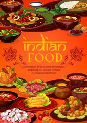 Canvas Print - Indian authentic cuisine, traditional India restaurant food menu cover. Vector vegetarian vegetables, curry rice and tandoori meals, meat and fish in masala spices, gourmet cooking recipe