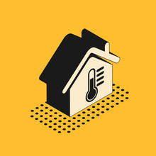 Isometric House Temperature Icon Isolated On Yellow Background. Thermometer Icon. Vector Illustration