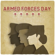 Three Uniformed Soldiers On Vintage Background. Armed Forces Day Card