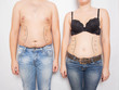 Man and woman overweight and obese on his stomach on a white background. Abdominoplasty and liposuction plastic surgery concept, markers on the abdomen